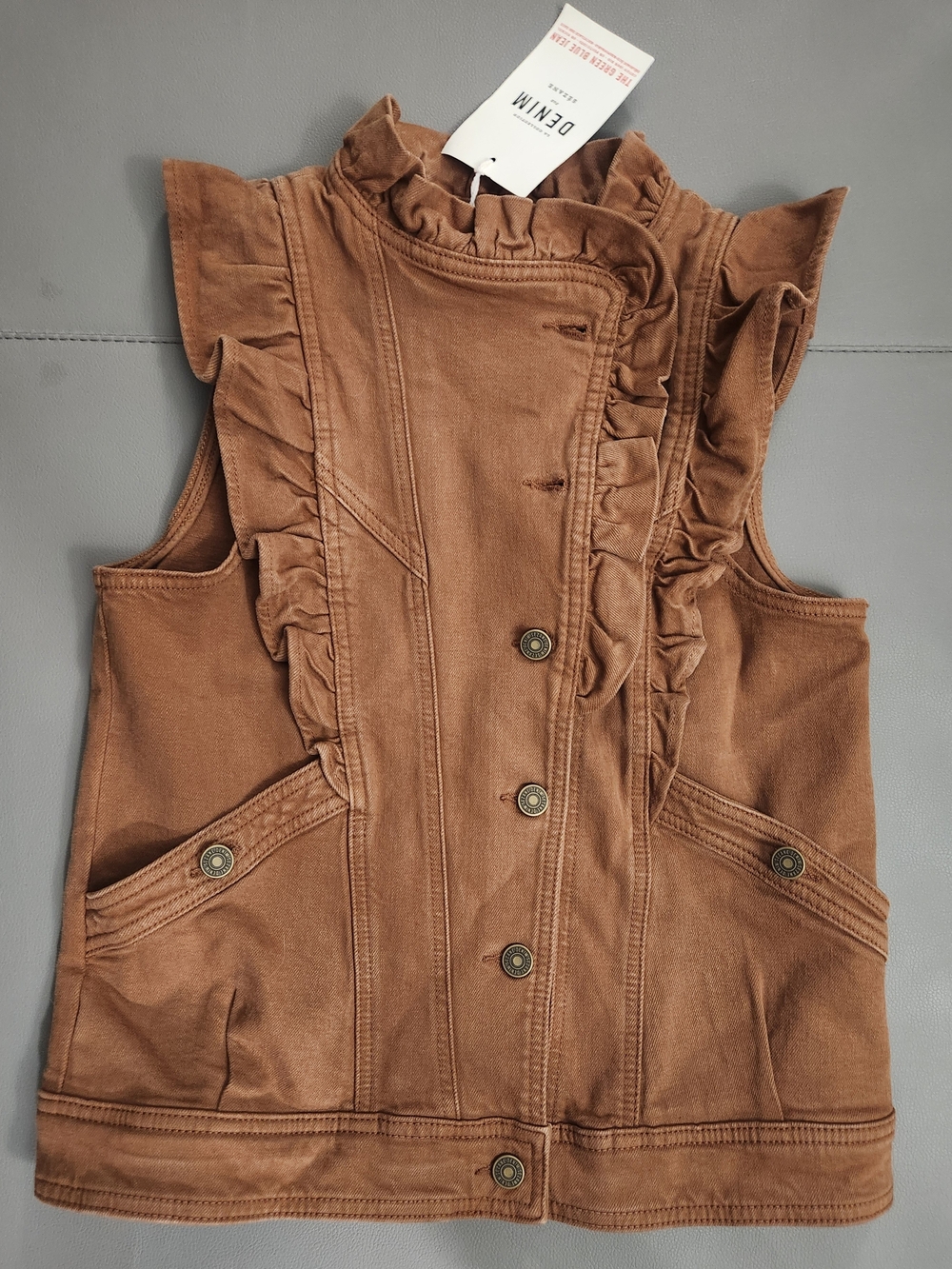 Sezane Brown Ruffled Sleeveless Button-Down Top